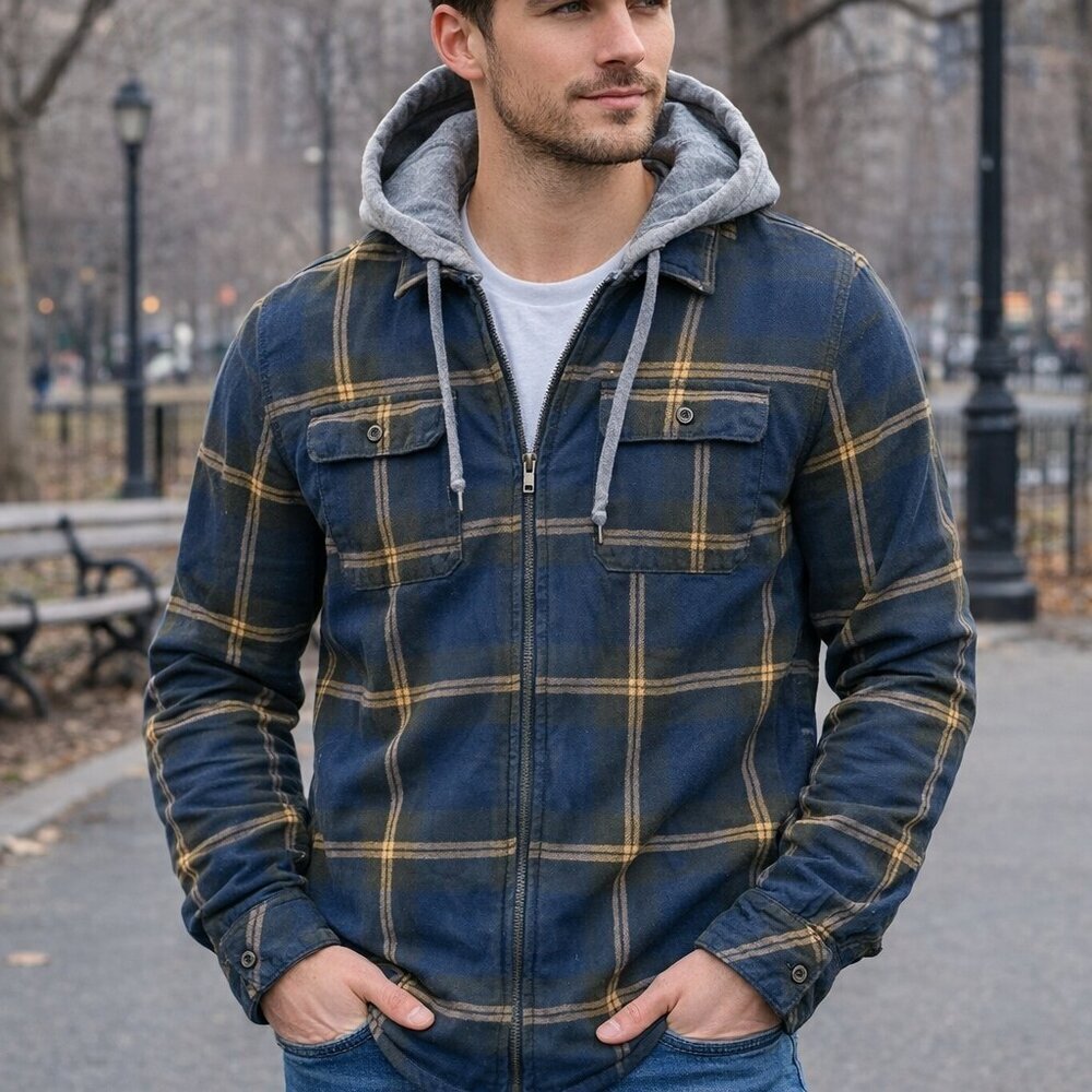 Empyre Hooded Plaid Zip Up Shirt Jacket Blue Green Grunge Skate Size Small
